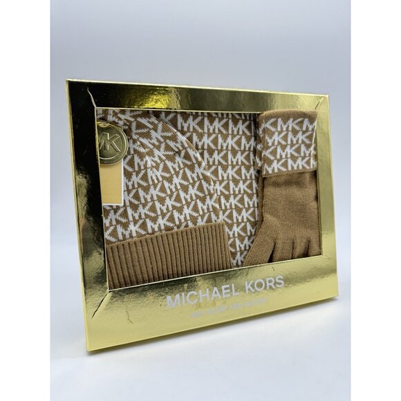 MICHAEL KORS logo knit women's  scarf +beanie hat + gloves 3 Piece set TAN - Picture 6 of 8